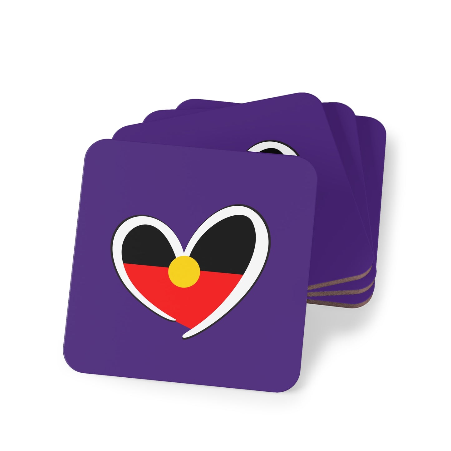 Stacked square purple coasters with Aboriginal heart design, perfect for cultural home decor.