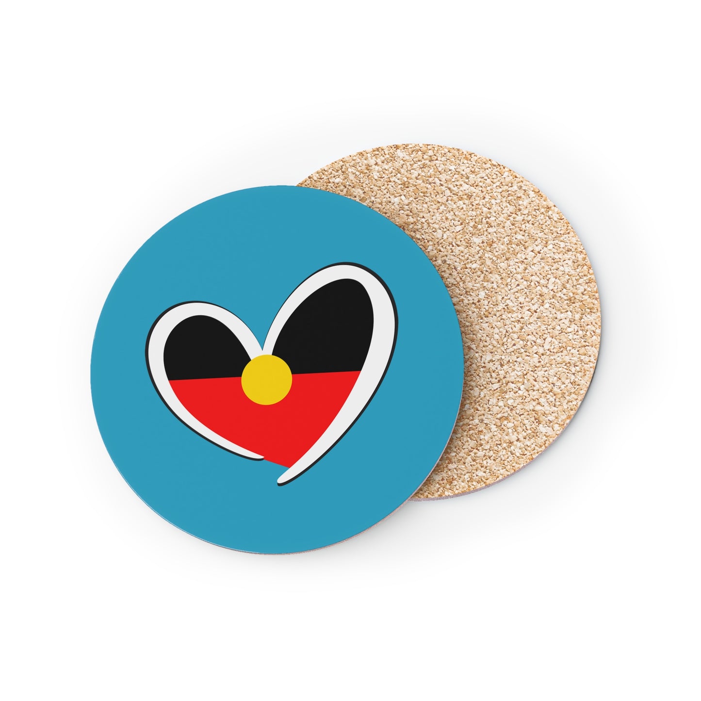 Turquoise circle Aboriginal coaster with heart design in a home setting.