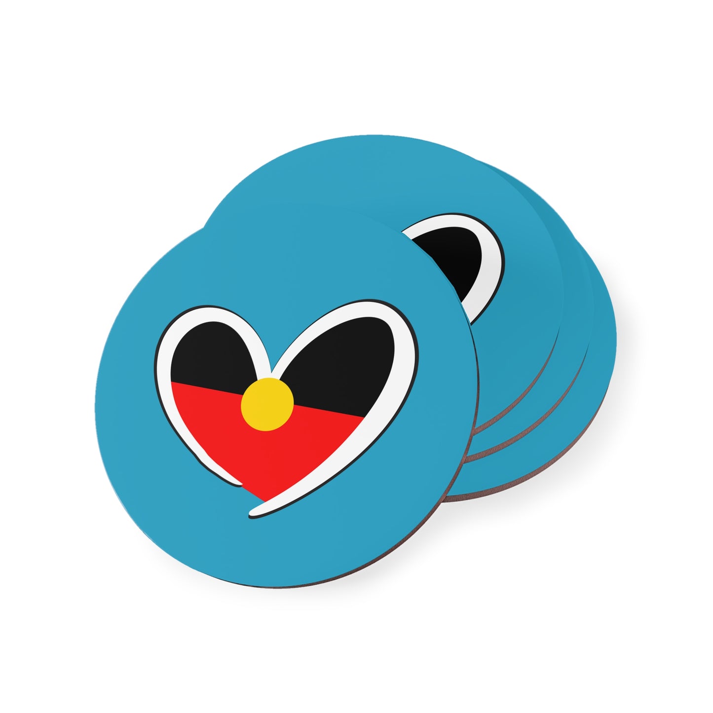 Stacked round turquoise coasters featuring Aboriginal heart symbol, ideal for everyday use.