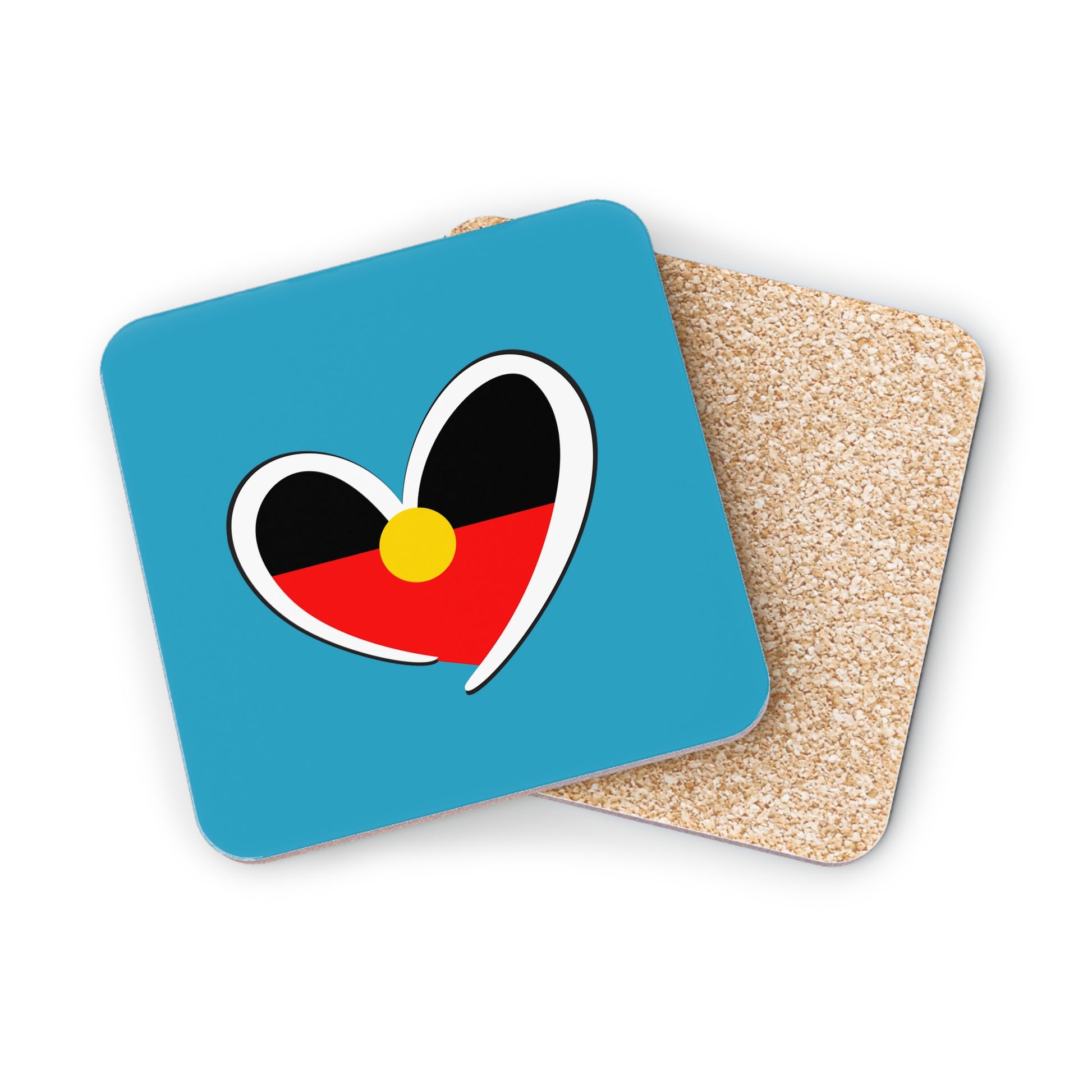 Square turquoise coaster with Aboriginal heart flag design, representing love and culture.