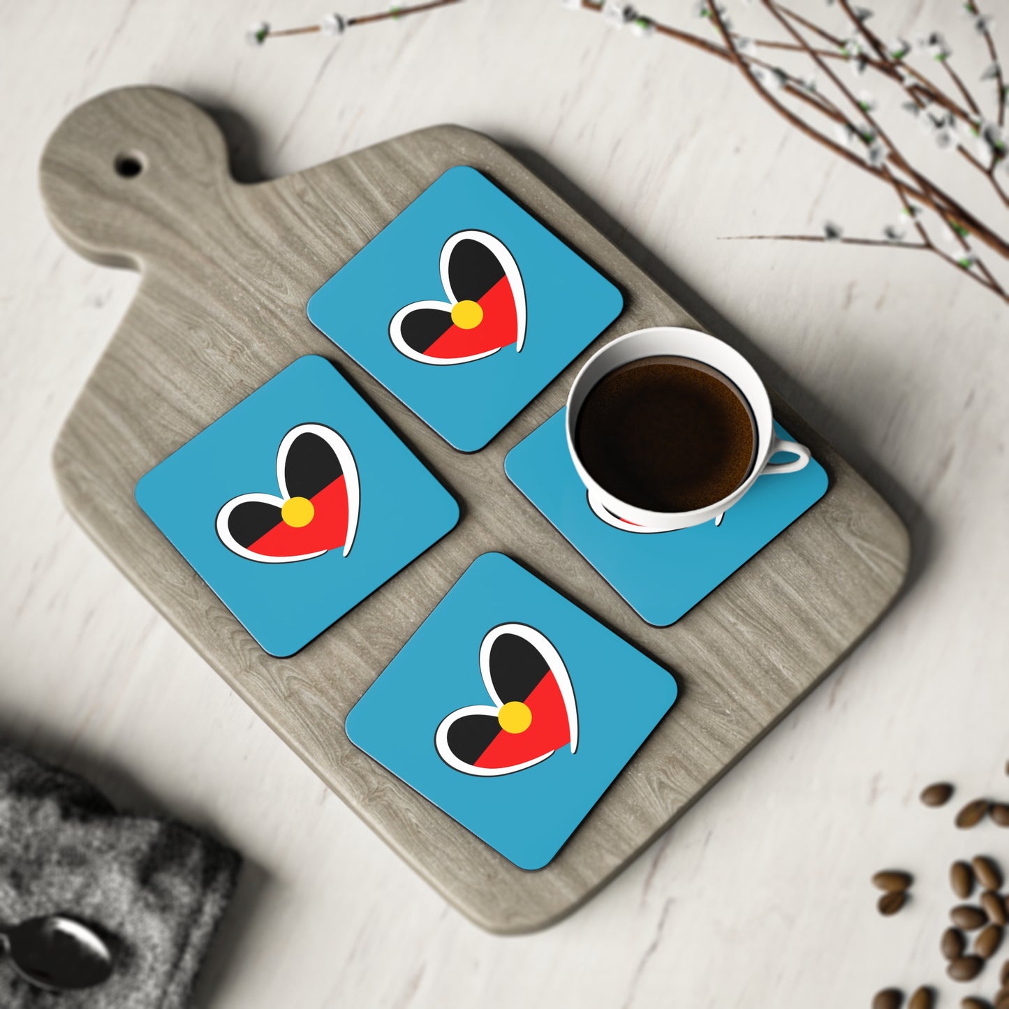 4-pack turquoise square Aboriginal coasters, heart design, home decor