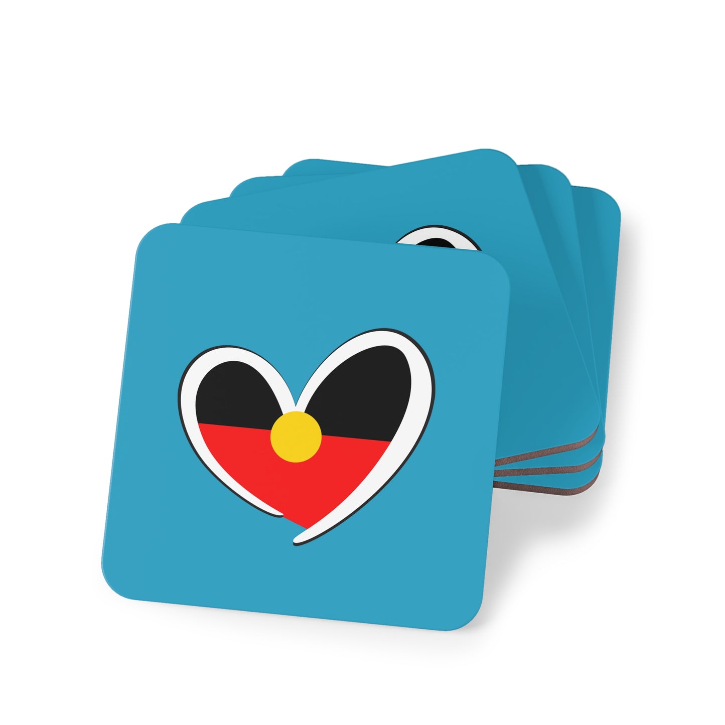 4-pack turquoise square Aboriginal coasters, heart design, home decor.