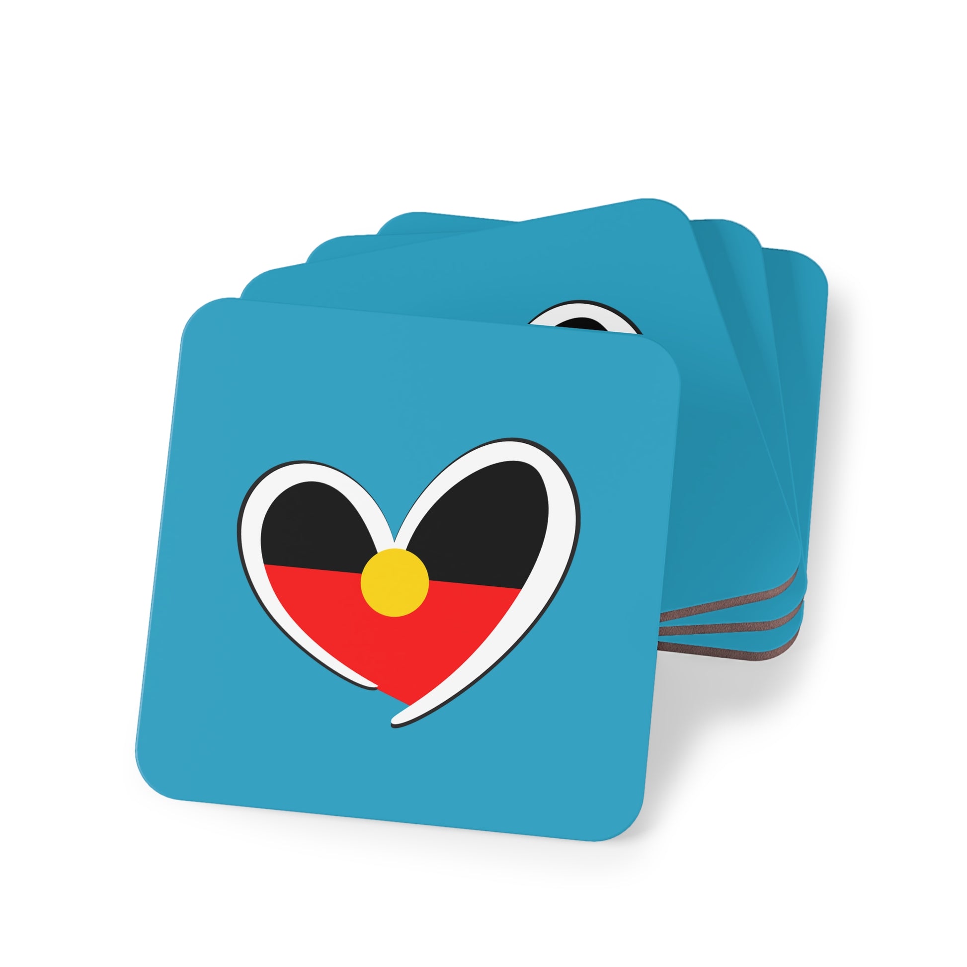 4-pack turquoise square Aboriginal coasters, heart design, home decor.