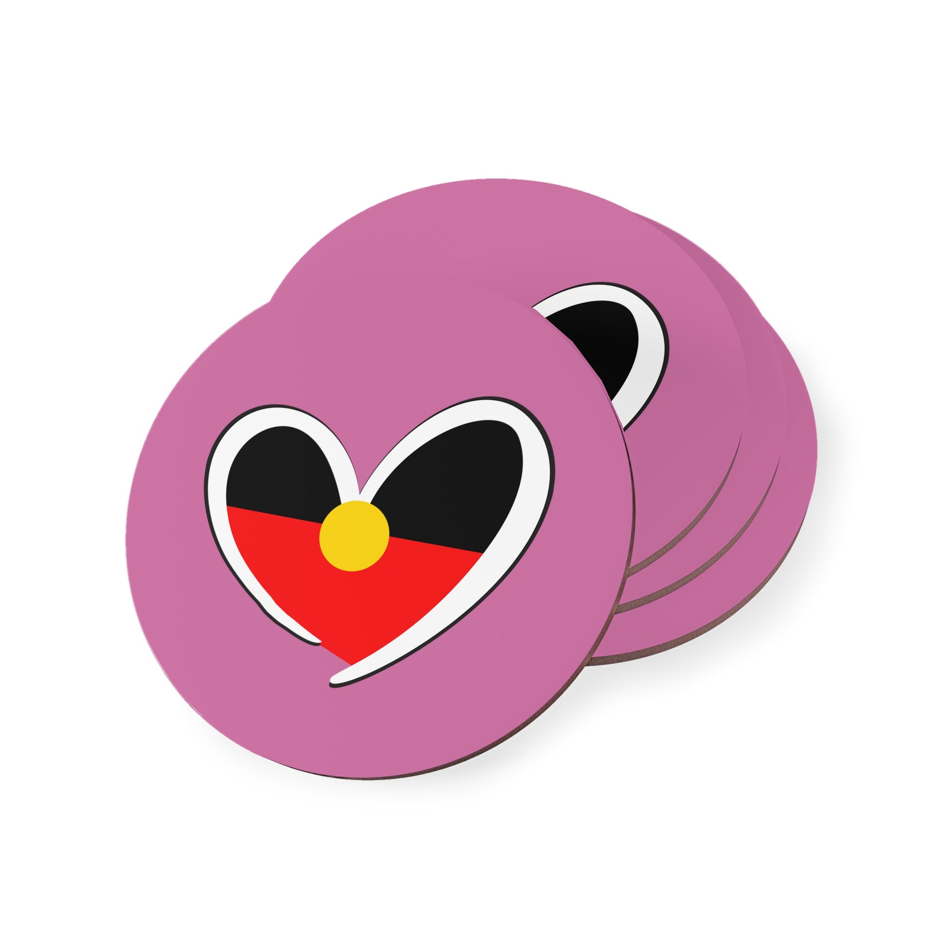 Set of 4 pink round coasters featuring Aboriginal heart – bold glossy design with cork base.