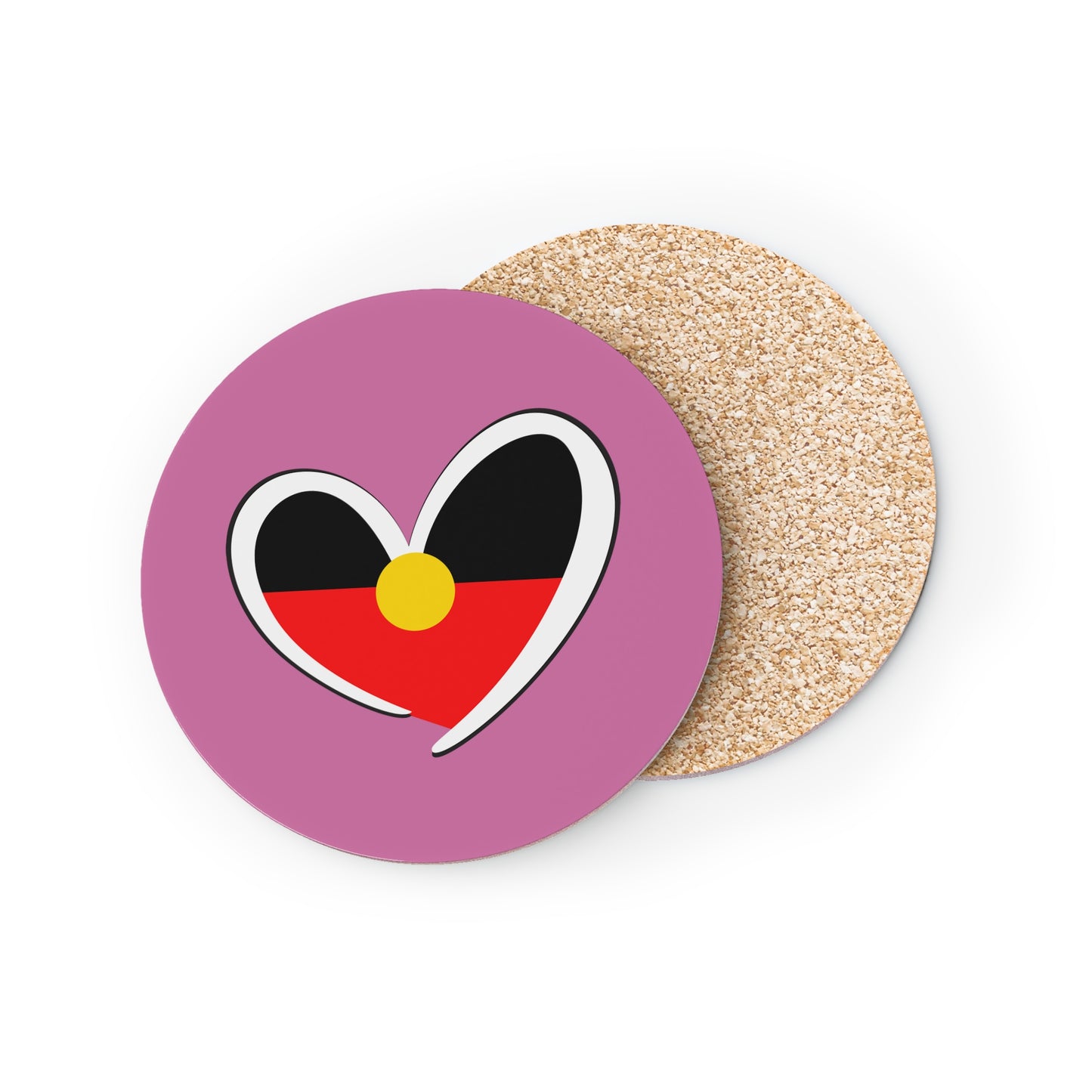 Pink round coaster with Aboriginal heart design and cork backing – vibrant cultural drinkware.