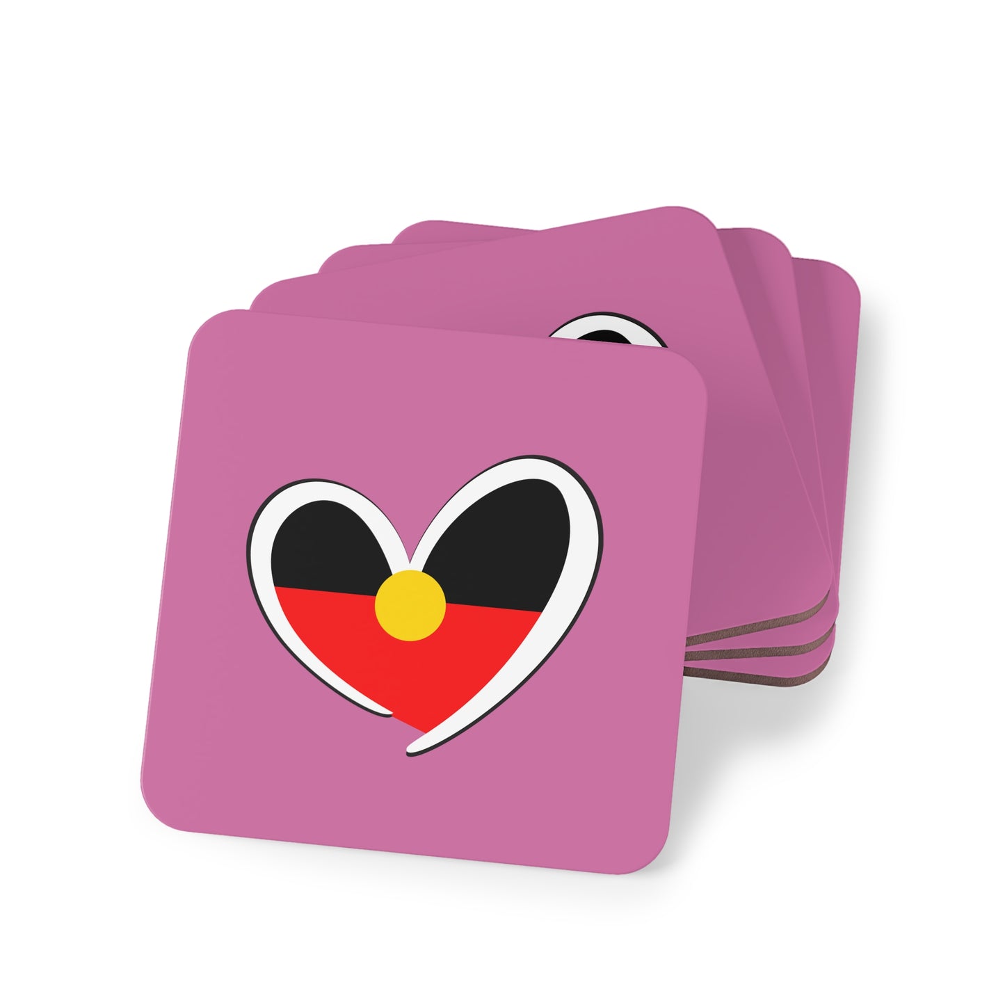 4-pack of pink square coasters with Aboriginal heart design – stylish, meaningful table protection.