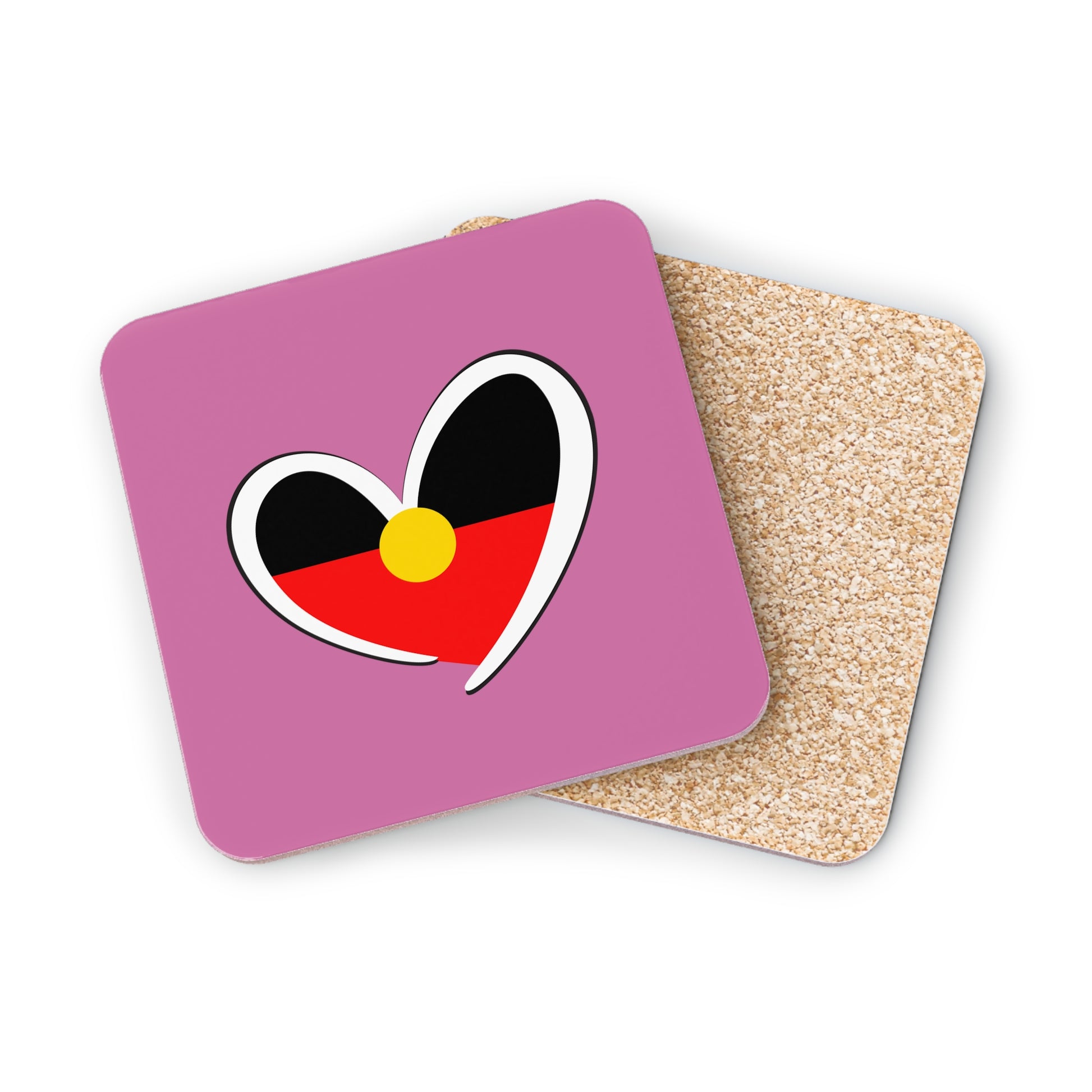 Pink square coaster with Aboriginal heart symbol and cork underside – strong cultural statement piece.